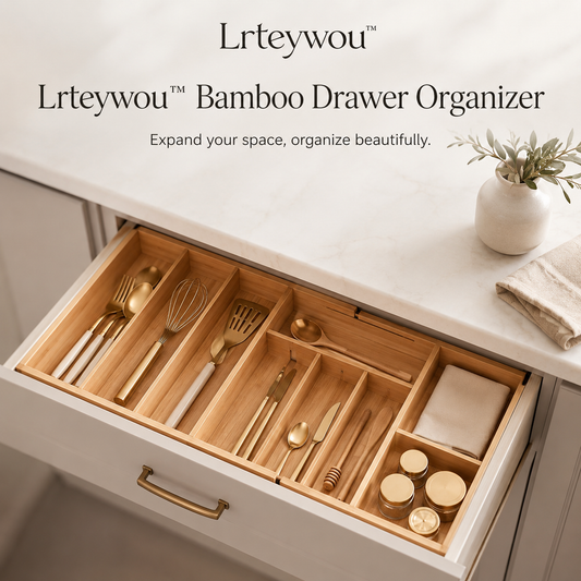 Lrteywou™ Adjustable Bamboo Drawer Organizer - Expandable Cutlery Tray, Kitchen Utensil Storage, Drawer Divider